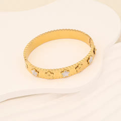 White Multicolor Flower Charm 316L Stainless Steel Bangle for Women PVD Gold Plated Anti-Tarnish Cuff Bracelet Adjustable Everyday Wear 18K Gold Plated Hypoallergenic