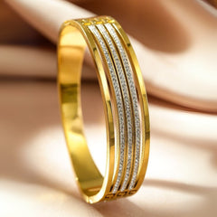 Women’s Gold Diamond Studded Anti-Tarnish Kada Bracelet, Adjustable Broad Bangle with Sparkling Stones, Durable 18K Gold-Plated Brass Fashion Jewelry for Party, Wedding, and Everyday Wear