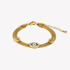 Rhinestone Evil Eye Mesh Chain Bracelet for Women 316L Stainless Steel 18K Plated Adjustable Hand Accessory Waterproof Hypoallergenic Design Unisex Ancient Egyptian Nefertiti Ankh Cross Pendant Necklace