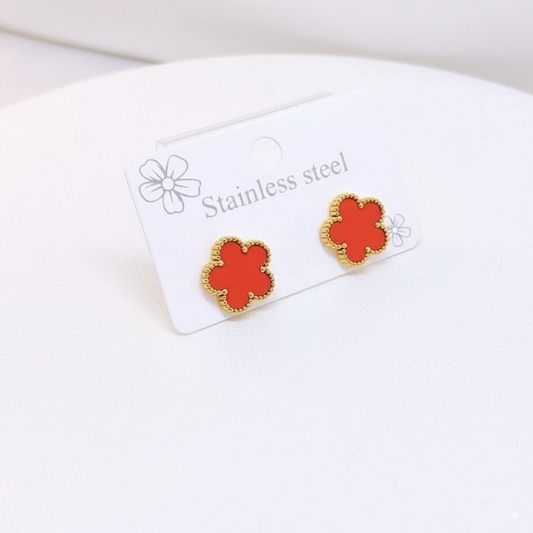 Stainless Steel Five Leaf Clover Red Necklace Bracelet Earrings Set for Women Durable Waterproof Non Tarnish Fashion Jewelry Perfect Birthday or Anniversary Gift Chain Bracelet Set